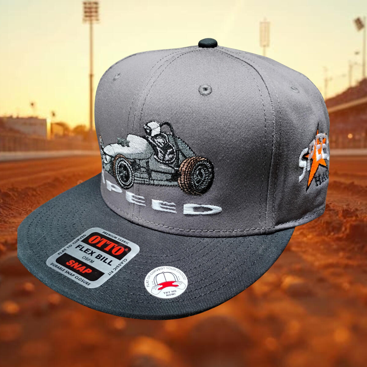 The Speed Sprinter pays tribute to an era when sprint cars were raw, lightweight, and unforgiving. Before roll cages. When driving meant commitment. The front features a vintage sprint car with the Speed Shield logo on the side.